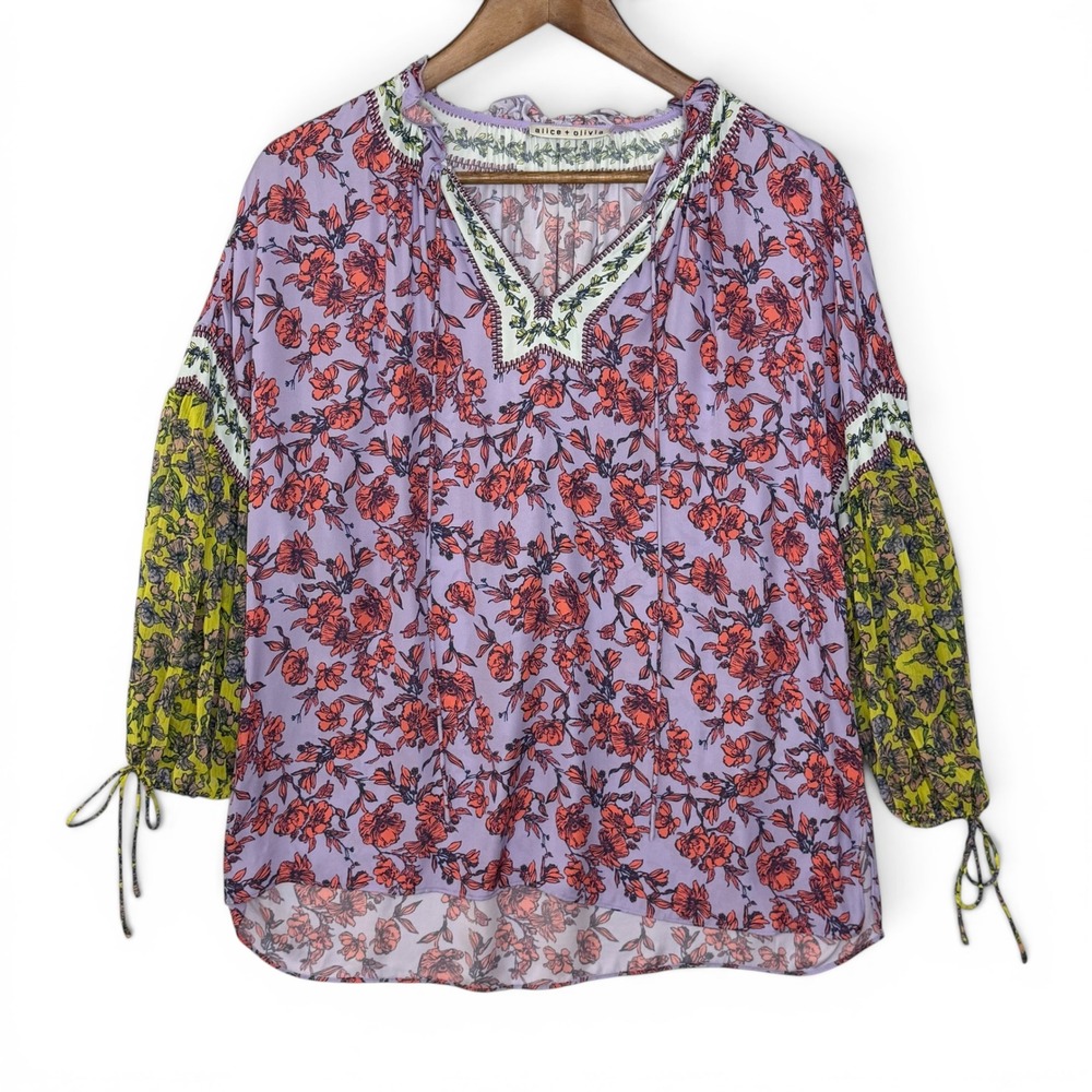 Alice + Olivia Julius Floral Peasant Blouse XS Purple Patchwork Boho Festival